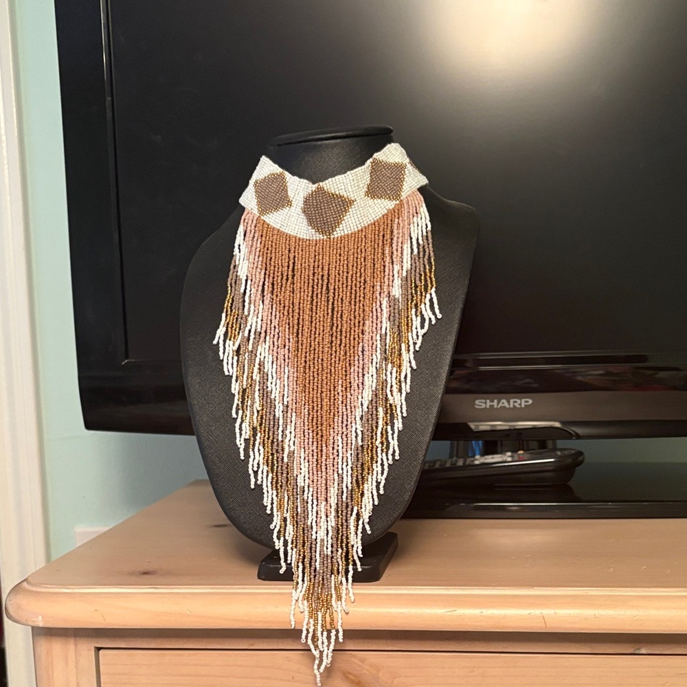 Neiman Marcus Beaded Fringe Necklace in Brown and White